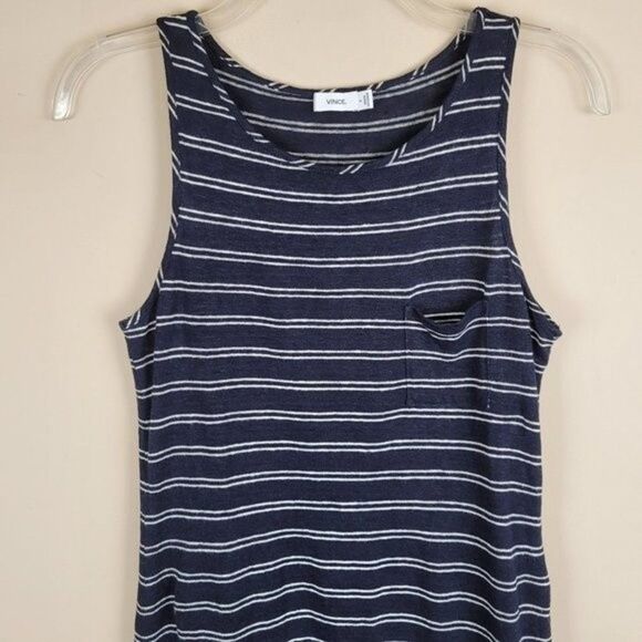 Vince Striped Linen High Low Sleeveless Tank Dress Summer Navy White Size S - Picture 3 of 14